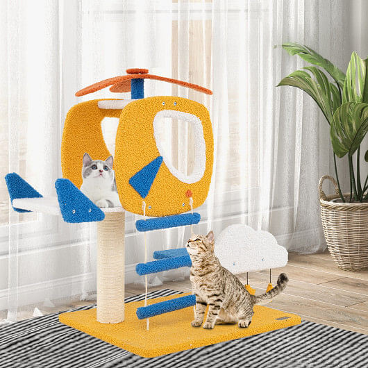 Indoor Small Aviation-themed Cat Tree Cat Tower with Helicopter Top Perch-Yellow - Image 2