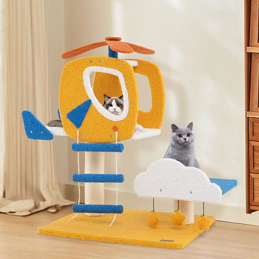 Indoor Small Aviation-themed Cat Tree Cat Tower with Helicopter Top Perch-Yellow - Image 4