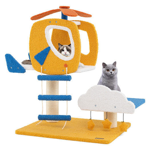 Indoor Small Aviation-themed Cat Tree Cat Tower with Helicopter Top Perch-Yellow - Image 5